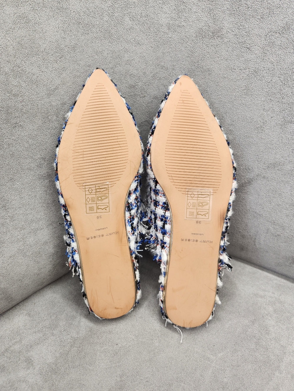 Kurt Geiger Mules 5 Blue White Tweed Plaid Olive Eye Fray Beaded Pointy New $195 - Picture 16 of 17